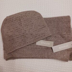Chico's Tan Neutral Knit Stocking Cap/Hat and Scarf Set NWT